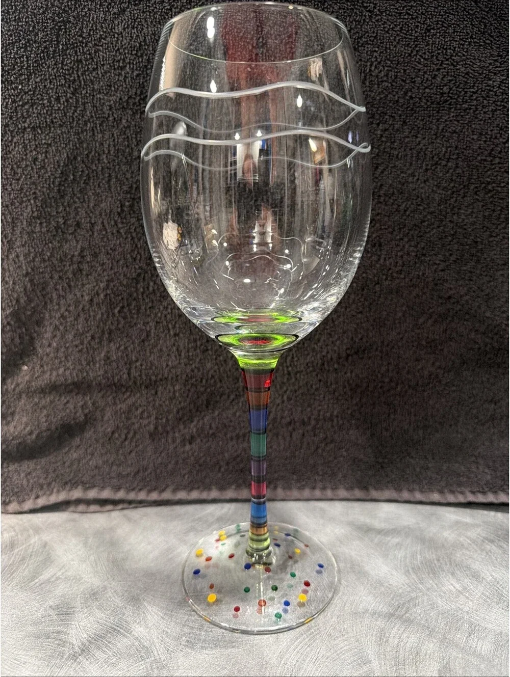 Colorful Art Glass Wine Goblet Striped Stem Confetti Foot Hand Painted 8.5”